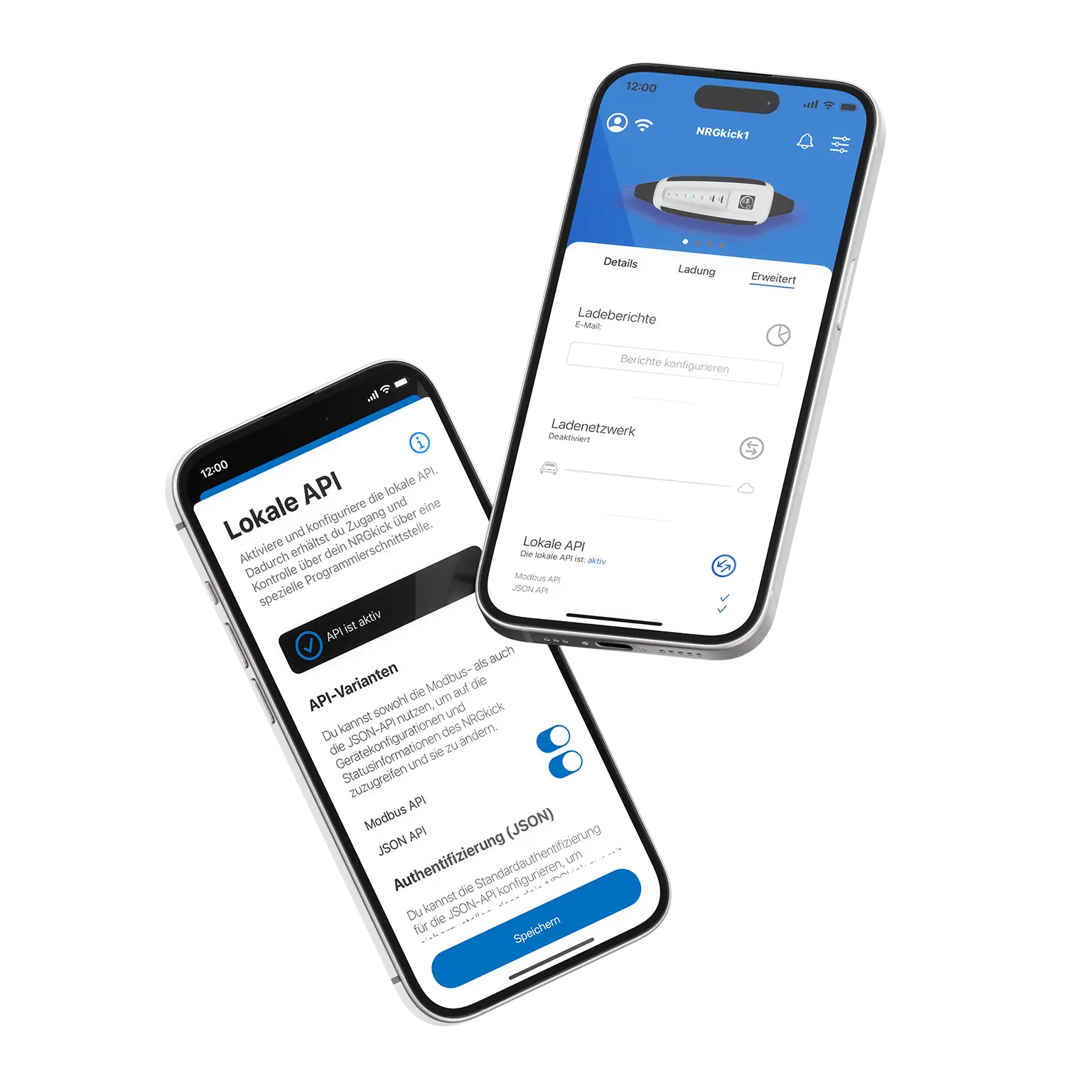 Zwei App Screenshots zeigen die Lokale API in der NRGkick App.