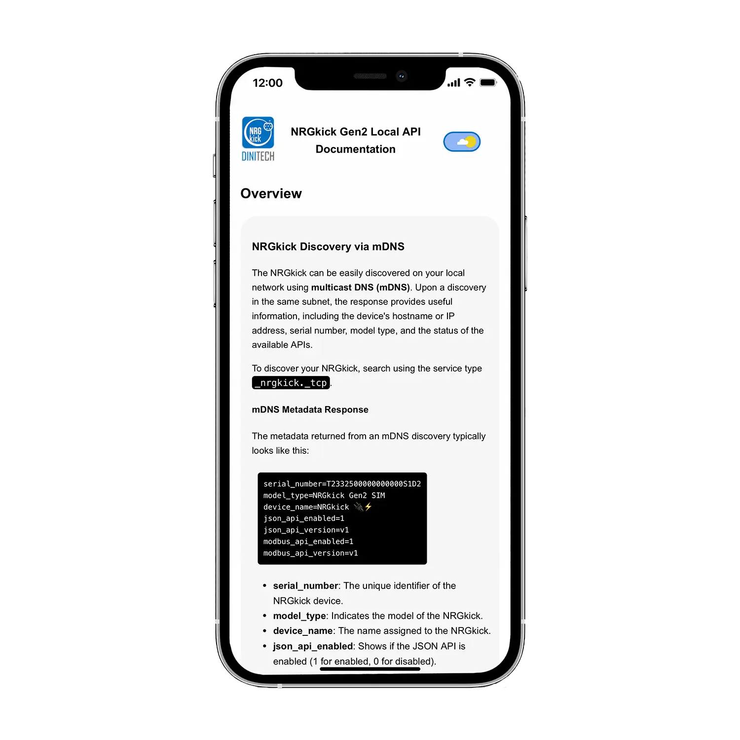 Die lokale API als HTML Dokumentation auf dem Handy sichtbar.