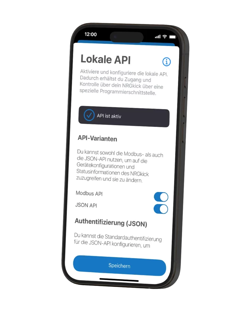Ein App Screenshot zeigt die NRGkick App mit der Funktion "Lokale API".