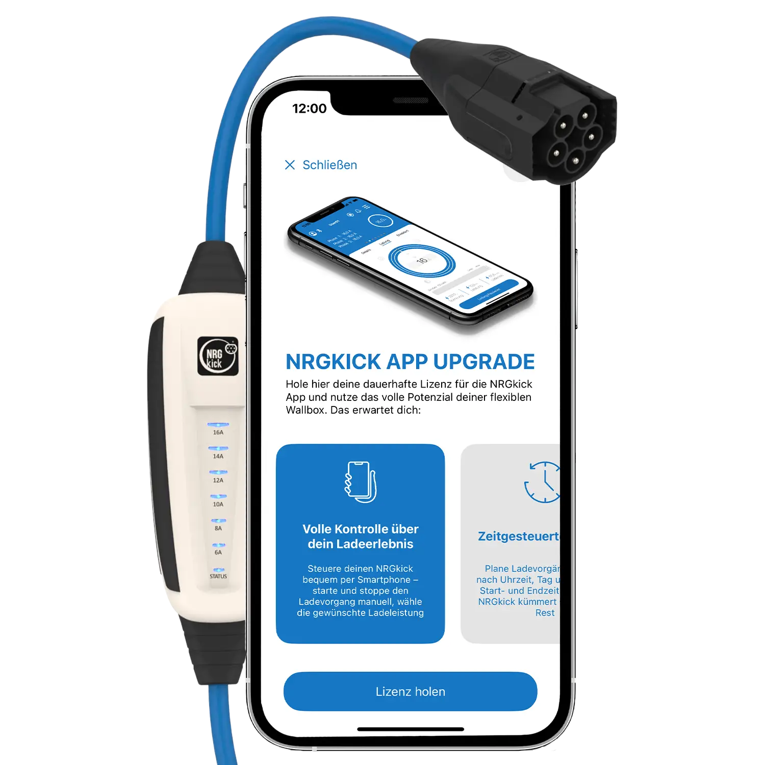 NRGkick-App Screenshot zeigt App Upgrade neben mobiler Wallbox-NRGkick.